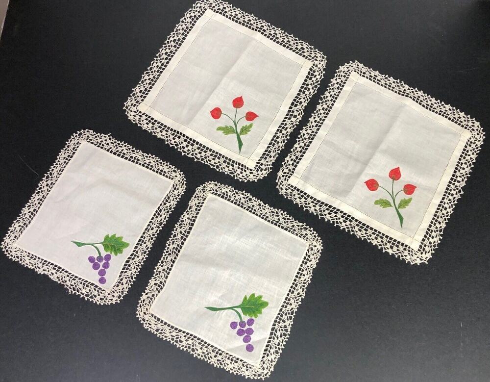 Vintage Small Table Topper Linens Square Purple Grapes Red Flowers Crochet Edge